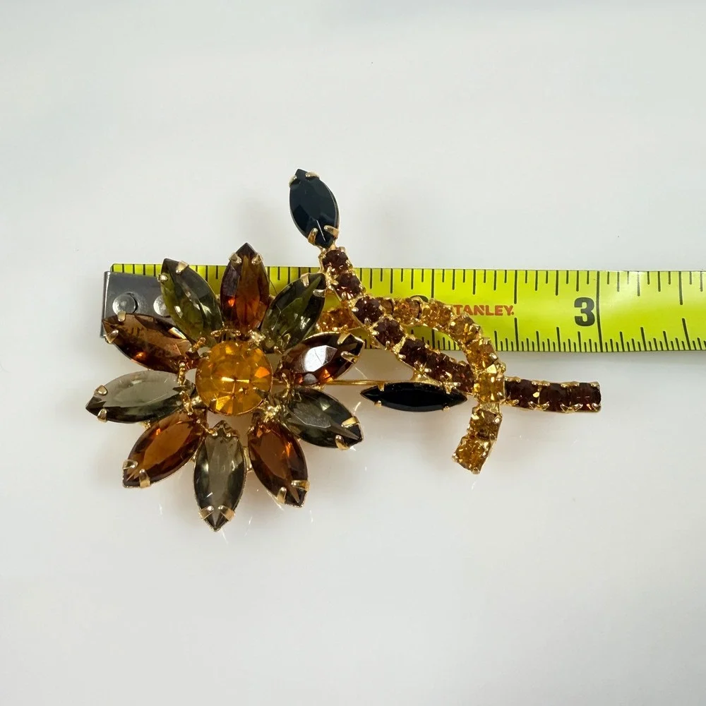 Vintage Flower Brooch Gold Tone Amber Brown Rhinestone Open Back 3 Inch Floral